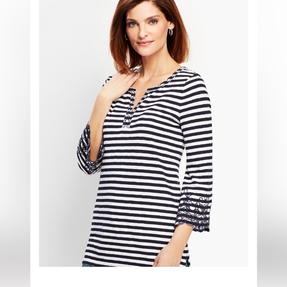 TALBOTS ocean city nautical stripe women’s TUNIC  embroidered 3/4 sleeve chic 2X